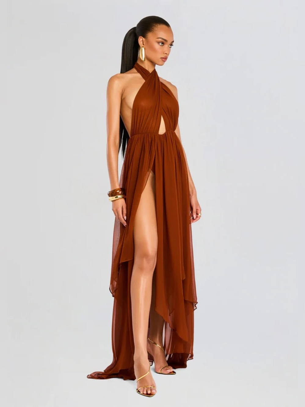 Retrofete Ina Silk Chiffon Dress In Caramel Size Medium - Picture 2 of 16
